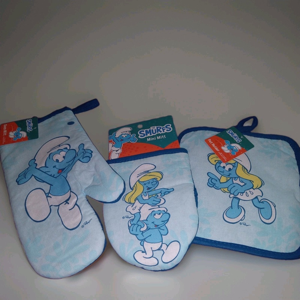 Smurfs 3 Pc Kitchen Set Oven Mitt Pot Holder & Mini Mitt Blue - NEW